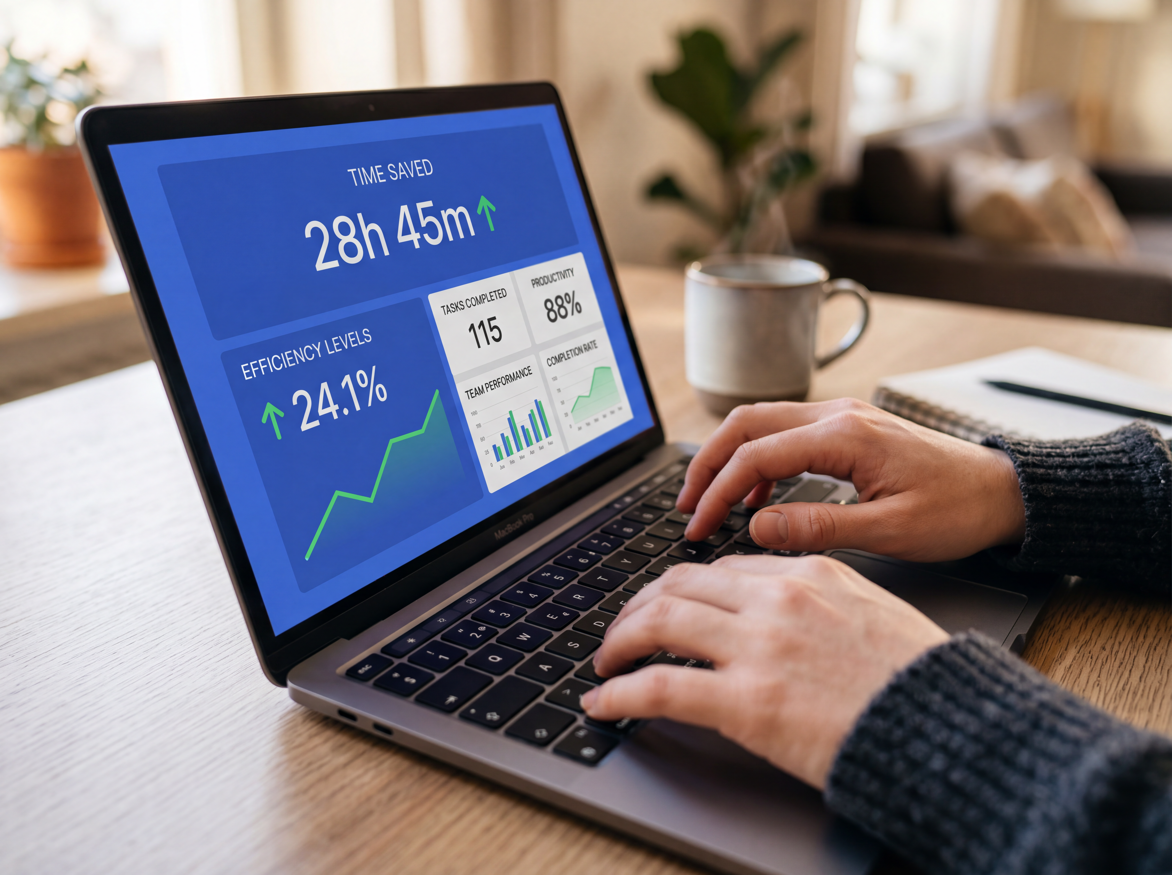 Laptop showing efficiency and time-saved metrics on a dashboard